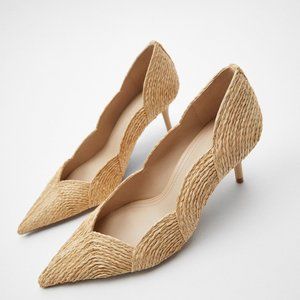 ZARA RAFFIA MID-HEEL PUMPS